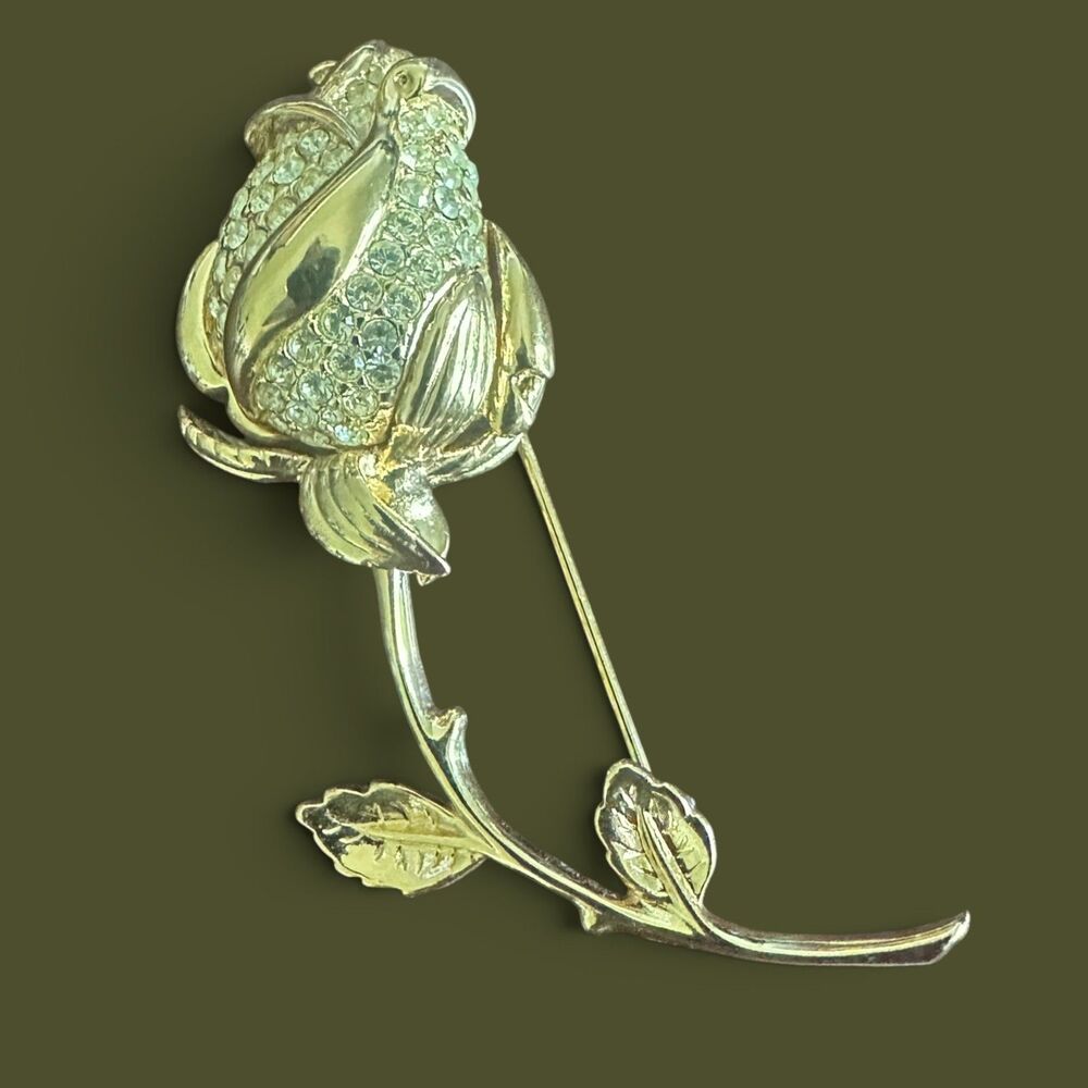Nolan Miller Yellow Rose of Friendship Brooch Pin Rhinestone Gold Tone COA
